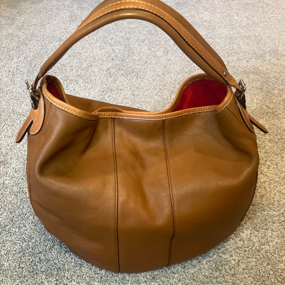 Lauren Ralph Lauren Tan Leather Hobo Shoulder Bag Red Lining Silver Hardware